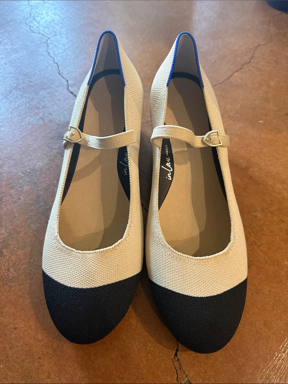 New Rothy’s Beige and Black Mary Jane Pumps